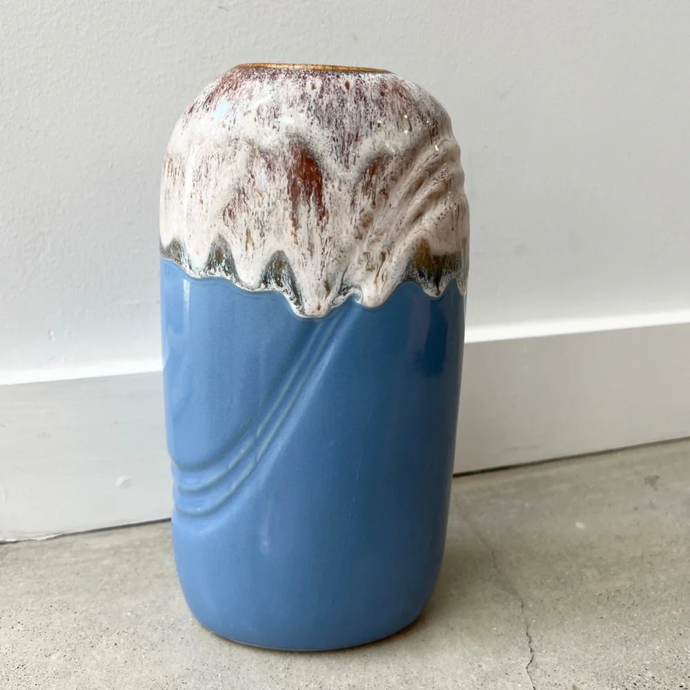 Vintage Drip Glaze Draped Deco Vase with Kintsugi Delphinium Blue Midcen… - Picture 1 of 9
